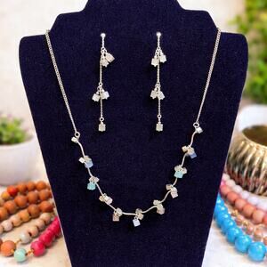 Lia Sophia Signed Necklace + Dangle Earrings Set | Mixed Metal Cube Beads